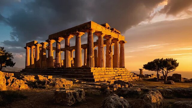 A majestic ancient Greek temple bathed in the warm light of sunset, evoking a sense of history, wonder, and timeless beauty. Ideal for travel blogs, h