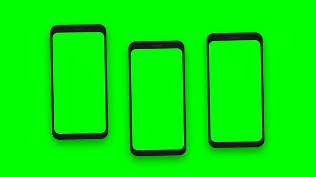 Triple Smartphone Cascade with Green Screen Displays, 4K Chroma Key Mobile Mockup with Entrance and Exit Motion, Professional Cellphone Template for Custom App Content