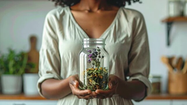 Woman holds jar of dried herbs for natural wellness and home remedies