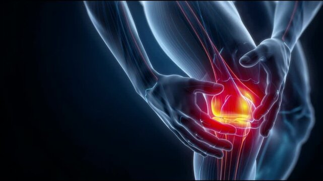 X-ray of human knee painful touch by hand 