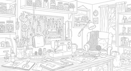 Fototapeta premium Cozy Sewing Room Sketch with Sewing Machine and Craft Supplies