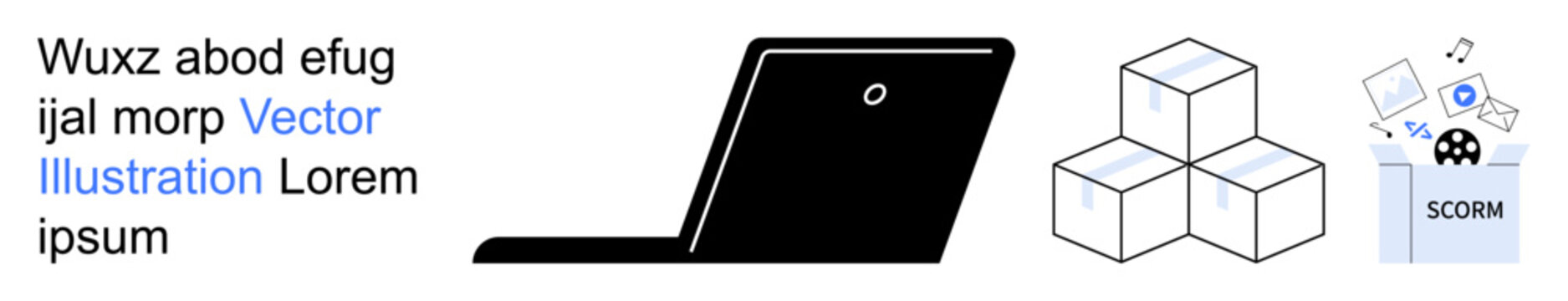 Online education, e-learning platforms, teaching tools, SCORM, digital resources, remote training. A laptop, stacked blocks and SCORM icons. Online education and e-learning platforms concept