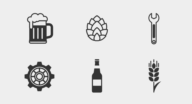 Craft Beer Icons: Mug, Hops, Wrench, Gear, Bottle, Wheat
