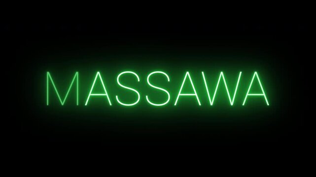 Flickering neon green glowing massawa sign animated on black background