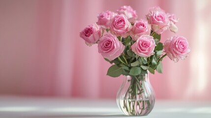 Obraz premium Bouquet of Pink Roses in Transparent Glass Vase with Soft Background 