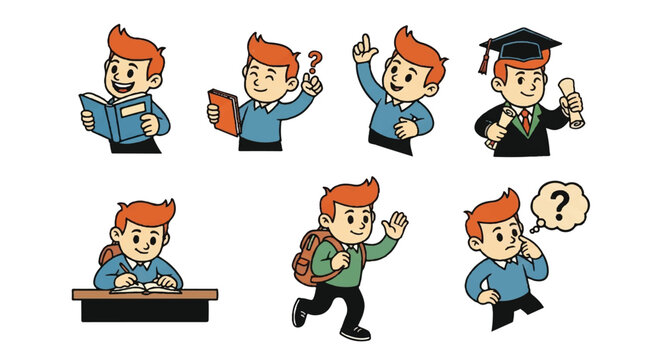 Cartoon illustrations of a student in various poses