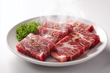 Fototapeta premium Raw marbled beef cubes on plate with steam and garnish premium meat ingredient isolated on white background 