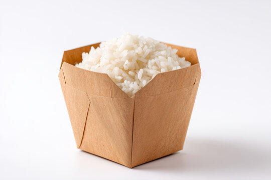 Steamed white rice in paper takeaway box simple asian food concept isolated on white background
