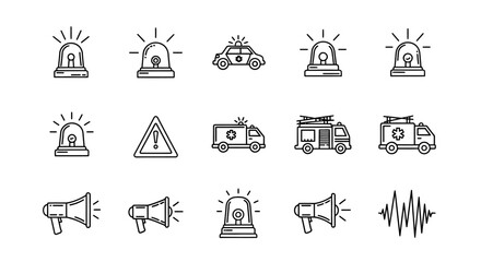 Emergency Services Icons: Siren, Ambulance, Police Car, Fire Truck, Megaphone © Ahda