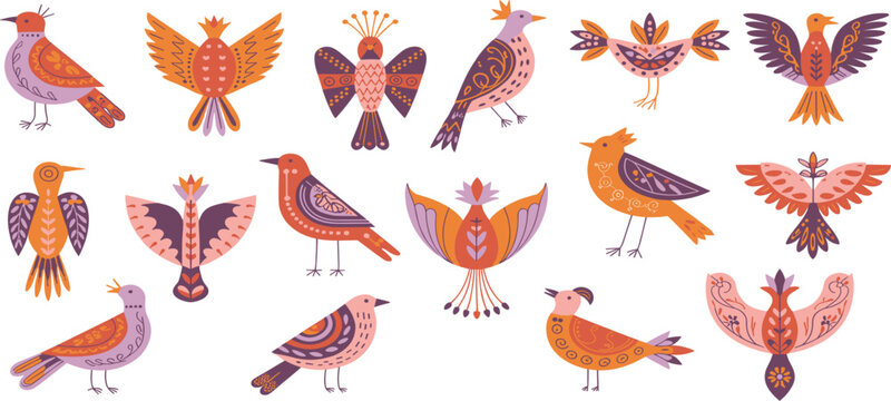 Set of colorful folk art bird illustrations with ethnic ornaments, decorative floral elements isolated vector design