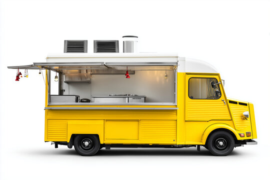 Festival food truck with open serving window and street kitchen setup mobile restaurant concept isolated on white background
