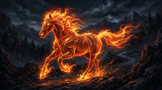 Fiery mythical horse made of flames running through dark mountain night scene.