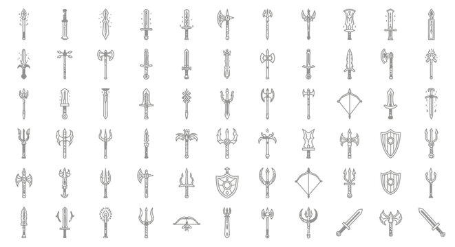 Fantasy Weapons Icons: Swords, Axes, Shields, Tridents, Bows - Hand-Drawn Style
