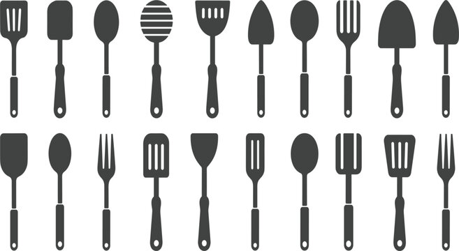 Kitchen utensils and cooking tools icons set with spatula, spoon, fork and ladle isolated vector design