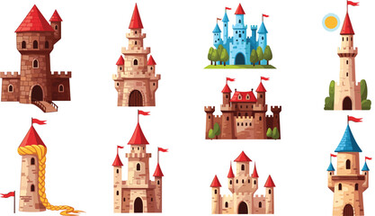 Fantasy Castle Collection with Medieval Towers and Fairytale Fortresses in Cartoon Style for Game Design, Kids Illustration, and Magical Architecture Set © Sanjida