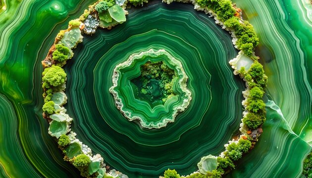 A close-up of a vibrant green agate slice with concentric bands