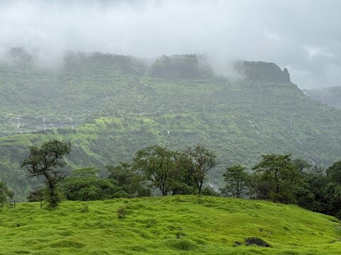 Lush green landscape from Sahyadri Mountain Range, the western ghats of India near Matheran.