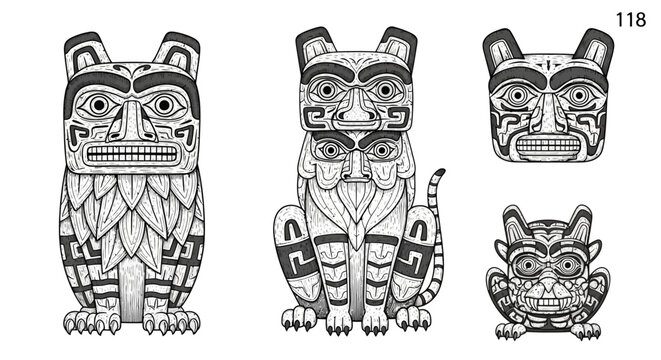 Indigenous Art: Northwest Coast Totem Pole Figures - Animals, Faces