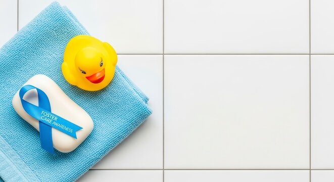 Bath time with rubber duck and soap.