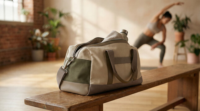 Lifestyle ready sports bag on wooden bench with yoga woman in background