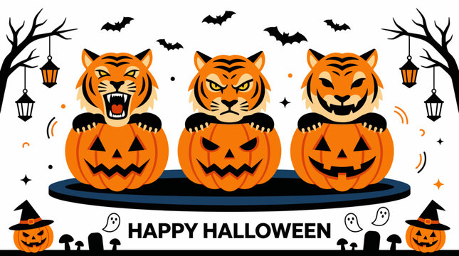 Happy Halloween illustration featuring three fierce tiger faces carved into pumpkins, with spooky decorations like bats, lanterns, and gravestones