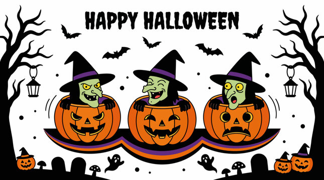 Halloween scene Three smiling witches emerge from carved pumpkins. Spooky trees, bats, ghosts create a festive autumn celebration