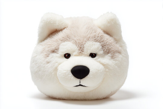 Cute fluffy white dog plush toy with soft texture and adorable round face isolated on white background
