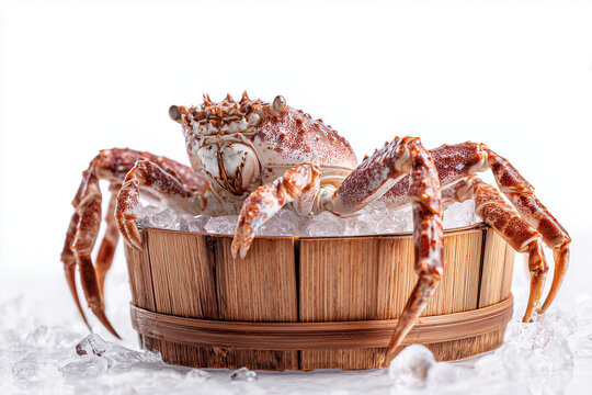 Fresh whole crab served on wooden bucket with ice in premium seafood presentation isolated on white background
