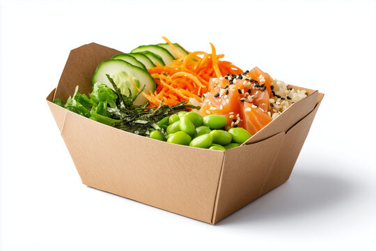 Salmon poke bowl with cucumber edamame and sesame seeds in eco friendly paper bowl isolated on white background
