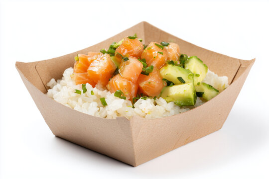 Salmon poke bowl with cucumber edamame and sesame seeds in eco friendly paper bowl isolated on white background
