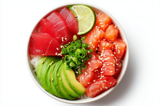 Salmon and tuna poke bowl with avocado cucumber and seaweed served in black bowl isolated on white background
