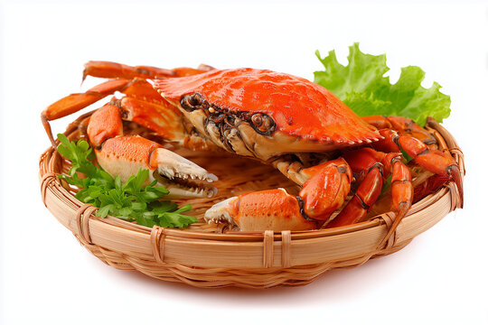 Fresh whole crab served on wooden bucket with ice in premium seafood presentation isolated on white background
