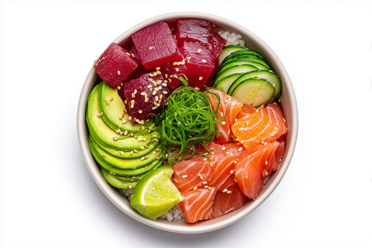 Salmon and tuna poke bowl with avocado cucumber and seaweed served in black bowl isolated on white background
