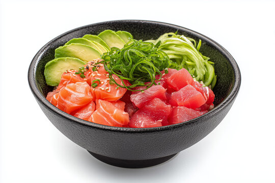 Salmon and tuna poke bowl with avocado cucumber and seaweed served in black bowl isolated on white background
