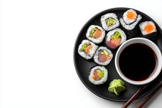 Top view sushi rolls with salmon and cucumber served with soy sauce in minimal clean composition isolated on white background
