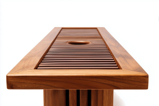 Wooden tea tray with slatted surface and drainage hole minimal zen style isolated on white background
