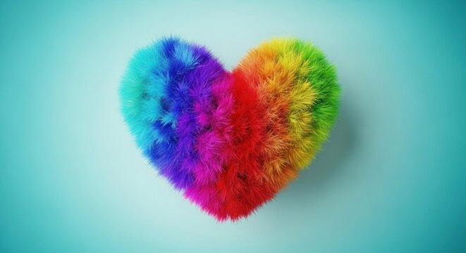 A fluffy, rainbow-colored heart against a blue background.