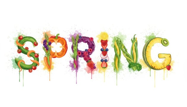 The word "SPRING" spelled out with colorful vegetables on a white background.