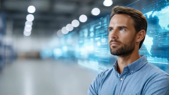 Confident young businessman stands in a modern digital workspace, surrounded by futuristic virtual data interfaces. He envisions innovative solutions for technology driven business growth