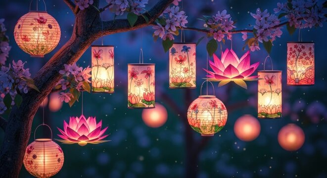 Lanterns hanging from a tree with blooming flowers, illuminated by a soft glow.