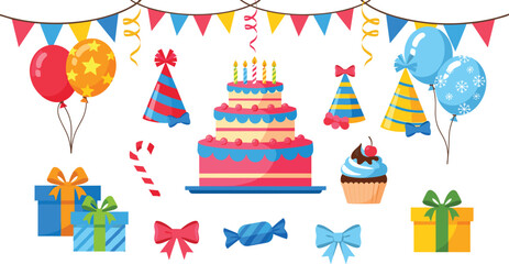 Fototapeta premium Birthday Celebration Collection with Cake, Balloons, Gifts, Party Hats, and Candy Decorations in Colorful Style for Event Illustration and Festive Design Set