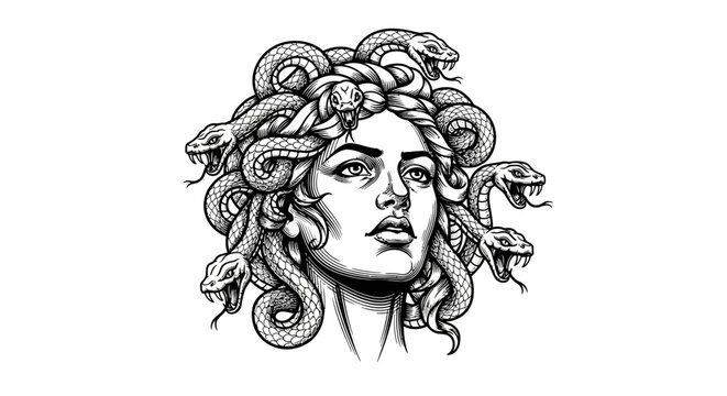 Medusa Head Illustration with Snakes Hair - Black and White Sketch