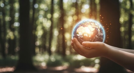 Fototapeta premium Hands holding a glowing Earth in a forest setting.