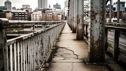 Obraz premium Worn pedestrian walkway on a rusty metal bridge, leading towards a distant city skyline under an overcast sky.