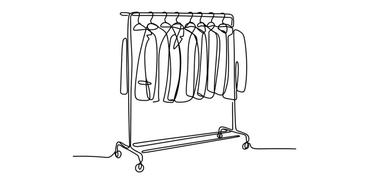 Minimalist continuous line drawing of a clothing rack filled with several hanging winter coats Vector, illustration