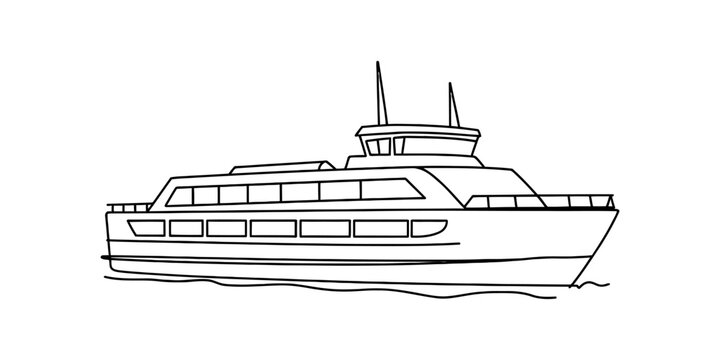 A black and white line drawing of a passenger ferry boat sailing across calm water for coloring Vector, illustration