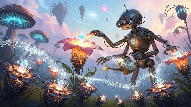 Charming robot interacts with glowing, bioluminescent plants and mushrooms in a surreal, alien landscape with floating islands.