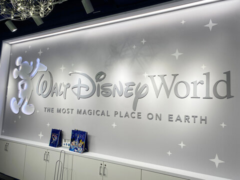 A sign at the Orlando International Airport for the Walt Disney World Resort, the Most Magical Place on Earth in Orlando, Florida on June 26, 2023.