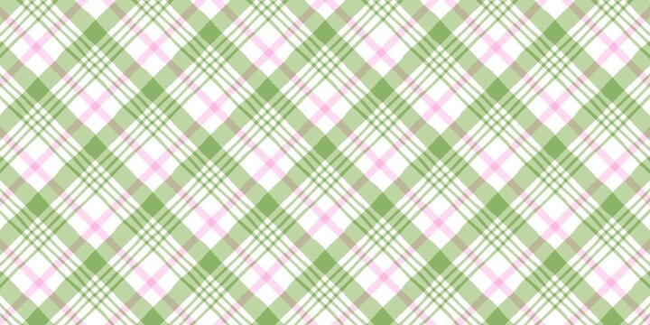 Seamless diagonal plaid pattern with green and pink stripes on white background. Perfect for spring textiles, gift wrapping, and digital scrapbooking.
