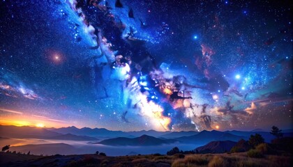 Obraz premium A breathtaking panoramic view captures a vibrant Milky Way galaxy arching over a misty mountain range at dusk, showcasing the beauty of the cosmos.